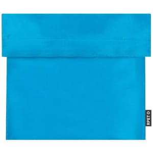 A blue thermal snacks holder with a flap closure and a branding label on the side.