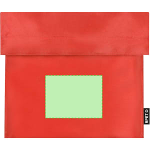 A red thermal snacks holder with a green rectangular label area and a logo on the side.