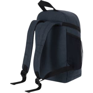 A dark blue cooler bag backpack with padded straps and a mesh side pocket. It has a simple logo on the front.