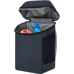 A navy blue cooler bag backpack with a drink bottle and an apple inside, featuring a mesh side pocket.