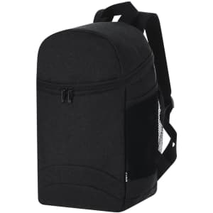 A black backpack cooler bag features a zippered main compartment and mesh side pockets. It has adjustable shoulder straps and a logo.