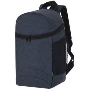 A dark blue cooler bag backpack with a zippered top and side mesh pocket, featuring adjustable straps.