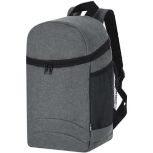 A grey backpack cooler bag with a zippered opening and a mesh side pocket, featuring adjustable straps.