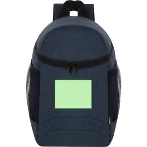 A dark blue backpack cooler bag featuring mesh side pockets and a blank area for custom branding.