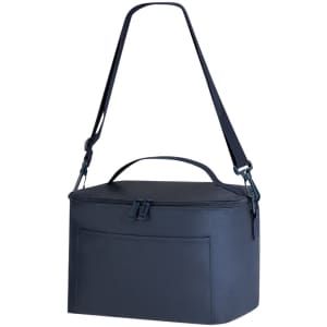 A navy cooler bag with a carrying strap and a top handle, featuring a front pocket and a zip closure.
