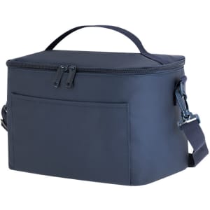 A navy cooler bag with a zip closure, featuring a handle and adjustable strap, plus a front pocket.