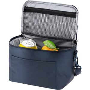 A navy cooler bag with a can and an orange inside, featuring a mesh pocket on the lid and a detachable strap.