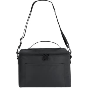 A black cooler bag with a shoulder strap and top handle, featuring a zipped compartment and front pocket.