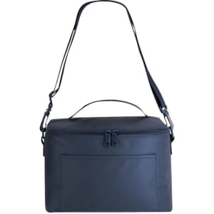 A navy cooler bag with a shoulder strap and a top handle, featuring a front pocket and a logo.