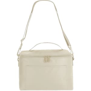 A cream cooler bag with a long adjustable strap and a short handle, featuring a zippered closure and a front pocket.