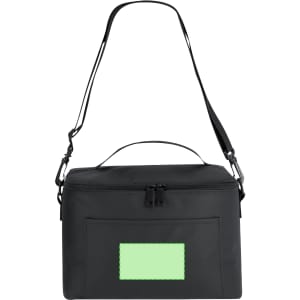 A black cooler bag with a shoulder strap and a green space on the front, featuring a zippered opening.