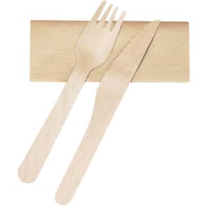 A wooden cutlery set including a knife, fork, and spoon, arranged on a textured napkin. The cutlery is a natural wood colour.