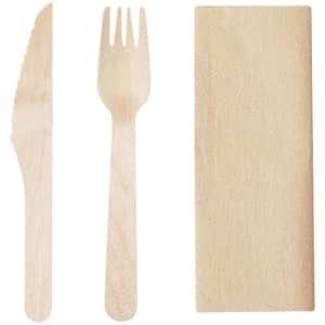 A cutlery set featuring a wooden knife, fork, and a napkin, all in natural wood tones.