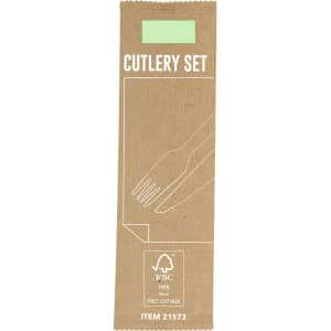 A cutlery set packaged in a brown cardboard sleeve featuring illustrations of utensils and a logo.