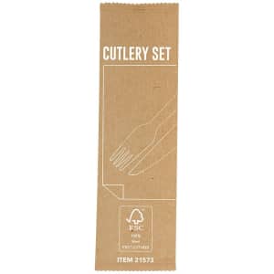 A cutlery set packaged in eco-friendly materials, featuring a minimalist design with illustrated utensils.