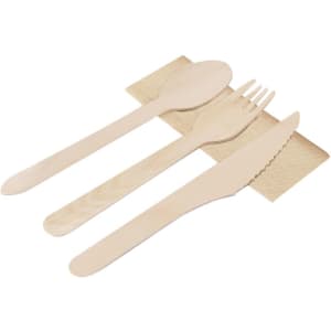 A cutlery set featuring a wooden fork, knife, and spoon on a beige placemat, with a branding logo present.