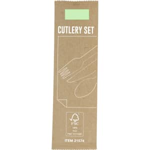 A cutlery set in eco-friendly packaging, featuring a fork, knife, and spoon. The packaging has a logo.