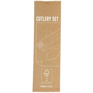 A cutlery set packaging in natural brown cardboard featuring outlines of utensils and a logo.