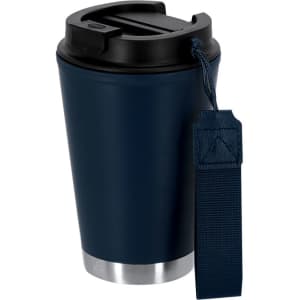 A drink bottle with a navy blue body, stainless steel base, and a black lid featuring a strap for carrying.
