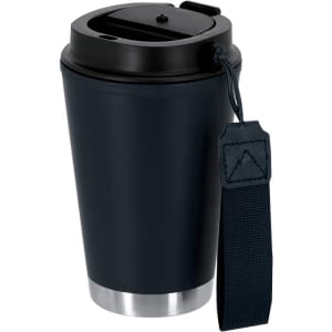 A travel mug in navy blue with a stainless steel base and a black lid, featuring a strap for easy carrying.
