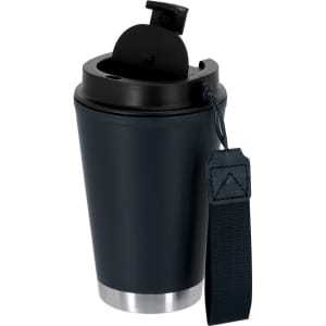 A drink bottle featuring a navy exterior, stainless steel base, and a black lid with a handle. It has a logo.