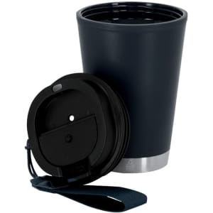 A drink bottle in navy blue with a black lid and a silver base, featuring a handle for easy transport.