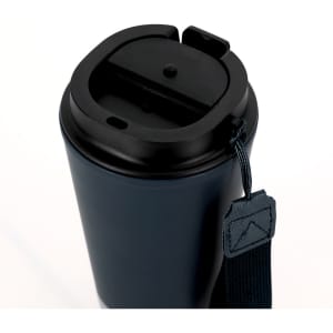 A travel mug in matte black with a lid featuring a sip opening and a carry strap.