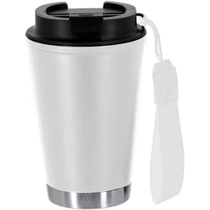 A drink bottle featuring a sleek white exterior, black lid, and stainless steel base with a carrying strap.