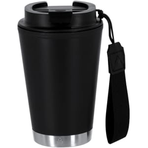 A travel mug in matte black with a stainless steel base and a black strap for easy carrying. It features a logo.
