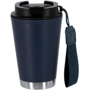 A drink bottle with a dark navy exterior, stainless steel base, and a black lid featuring a carry strap.