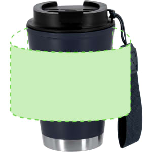 A drink bottle with a navy blue body, black lid, and stainless steel base, featuring a handle attachment.