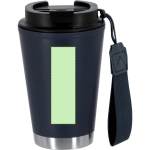 A navy insulated travel mug with a black lid and a textured strap, featuring a logo and a blank area for customisation.