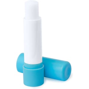 A blue and white lip balm tube, featuring two stacked containers, with a smooth, cylindrical design and a cap.