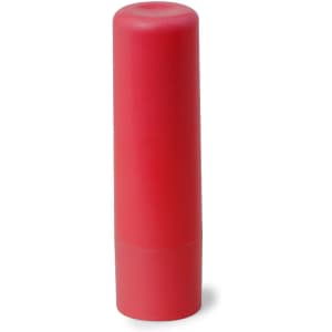 A cylindrical red lip balm with a smooth finish, featuring a logo on its surface.