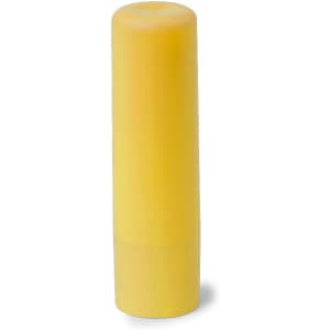 A yellow lip balm in a cylindrical tube with a smooth finish and a logo on the packaging.