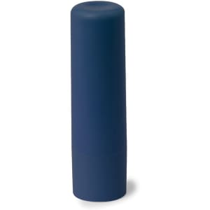 A navy blue lip balm container with a sleek, cylindrical design featuring a branding logo.