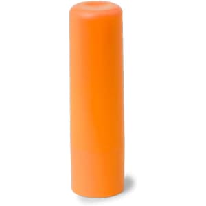 An orange lip balm in a cylindrical tube, featuring a rounded top and a smooth finish.
