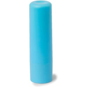 A turquoise lip balm tube with a rounded top and a solid structure. The product has a logo on it.