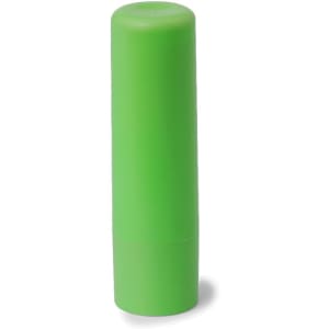 A green lip balm in a cylindrical container with a smooth surface and a fitted cap.