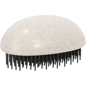 A hairbrush with a rounded white and grey design and black bristles, featuring a branded logo.