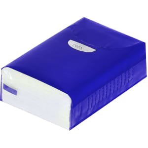 A pack of white tissues in a vibrant blue tissue box. The box features an opening tab and a textured side.