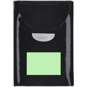 A black tissue box with a green opening section and a logo on the front.