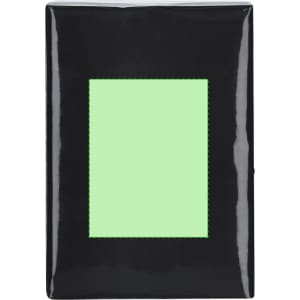 A black tissue box featuring a rectangular cutout on the front. It has a glossy finish and includes a logo.