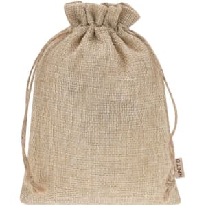 A beige drawstring bag made from textured material, featuring a logo tag. Suitable for various uses.