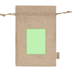 A jute drawstring pouch in natural beige with a plain green patch in the centre, featuring a branding label on the side.