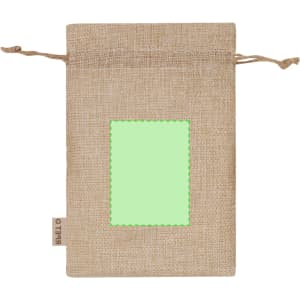 A burlap drawstring bag featuring a green stitched rectangle, ideal for packaging health and beauty products.