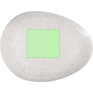 A smooth, oval massage stone in light grey with a speckled texture. It features a green square outline in the centre.