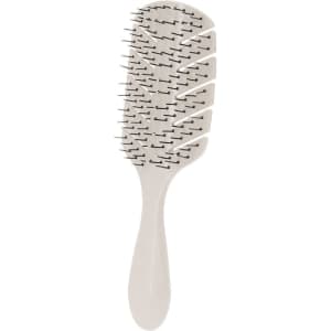 A hairbrush featuring a light beige colour and anti-tangle bristles, designed for detangling hair smoothly.