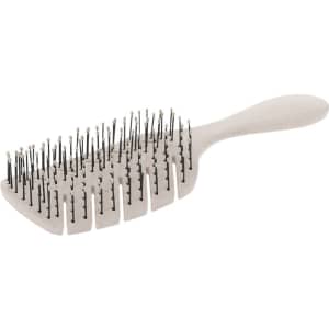 A light grey anti-tangle hairbrush with white and black bristles, featuring a smooth handle and a unique design.
