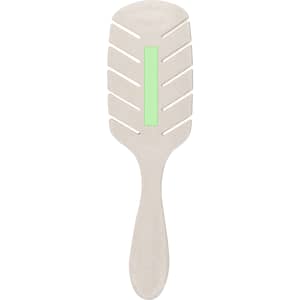 A light grey anti-tangle hairbrush with a green accent and a textured grip. Features a slotted design for detangling.